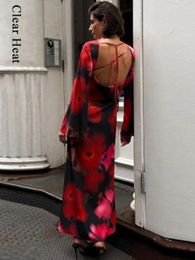 Casual Dresses Vintage Floral Print Backless Maxi Dress Women Elegant O-neck Flare Sleeve Holiday Autumn Female Sexy Bodycon Party Robe