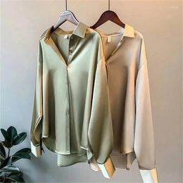 Women's Blouses Women Ribbon Satin Blouse Tops Autumn Spring Turn Down Collar Long Sleeve Button Loose OL Casual Glossy Shirts