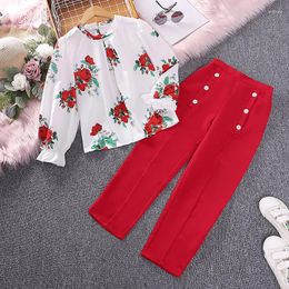 Clothing Sets Girls 8-12 Years Red Printed Long Sleeve Top Pants For Korean Style Casual Clothes