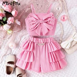 Clothing Sets MiniFox Kids 2024 Clothes Girls Outfit Sets Trim Big Bowknot Beading Camisole+Beading Frill Shorts Summer Child Sets For Girls Y240520T5KR