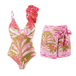 Retro One Piece Swimsuit Skirt Shoulder Strappy Print Floral Swimwear Women Slimming Bathing Suit Beach Wear 240520