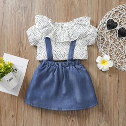 Clothing Sets Summer Girl Polka Dot Lotus Leaf Collar Short Sleeved Top Blue Strap Skirt Set