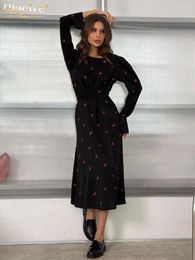 Casual Dresses Clacive Fashion Loose Print Women'S Dress 2024 Elegant O-Neck Long Sleeve Midi Vintage Classc Lace-Up Female