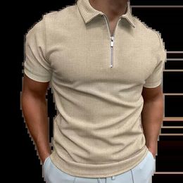 Summer Mens Zipper Waffle Polo Shirt Short Sleeve Lattice Casual Tshirt Men Thin Solid Colour 240520