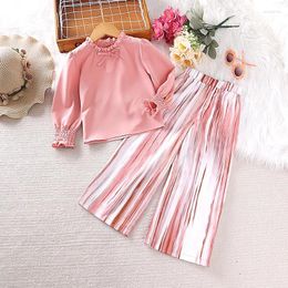 Clothing Sets Spring Autumn Girl Set 4-7 Years Lace Neckline Pink Long Sleeved Top Striped Casual Pants 2 Piece