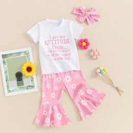 Clothing Sets Kids Toddler Baby Girls Summer Clothes Short Sleeve T-Shirt Tops Flower Flare Pants Set 3Pcs Bell Bottom Outfits