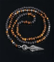 Natural Stone Necklace Men Retro Lava Bead Long Tiger Eye Skullviking Pendants Necklaces Fashion Jewellery Kolye Hand Made 2010149618471