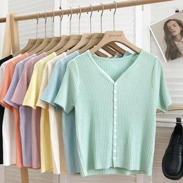 Women's Knits Knitted Short Sleeved T-shirt Sweater Women Spring Summer 2024 Thin Loose V-neck Single Breasted Top Solid Cardigan Coat