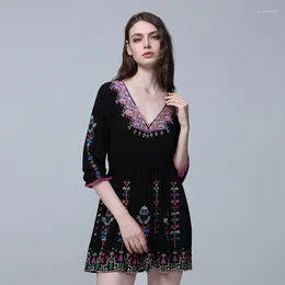 Casual Dresses 2024 Summer Women's Dress Bohemian Travel Vacation Short Beach Tribal Ethnic Style Retro Embroidered V-neck Mini