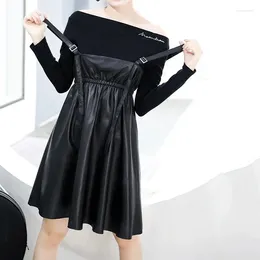 Casual Dresses Spring Women Black Genuine Leather Real Sheepskin Sleeveless Adjustable Strap High Waist Slim A-Line Dress Robe Female