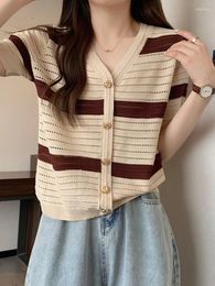 Women's T Shirts Summer Trendy Women Knitted Cardigans T-shirts Loose V Neck Single Breasted Striped Short Sleeve Tops Leisure Female