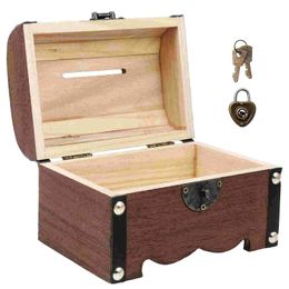 Box Wooden Treasure Bank Storage Chest Piggy Wood Vintage Money Coin Lock Boxes Jewellery Saving Pirate Organiser Decorative Gift 240516