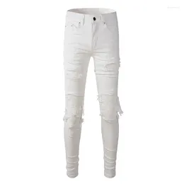 Men's Jeans Fashion Streetwear Men White Elastic Slim Fit Ripped Hole Trousers Patched Designer Brand Hip Hop Pants Hombre