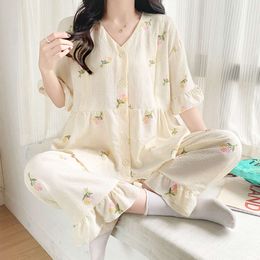 Summer Thin Maternity Nursing Sleepwear Set Loose Breastfeeding Tops Belly Pants Pamas Pregnancy Short Sleeve Home Lounge Wear L2405