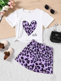 Clothing Sets Girls Summer New Home Outwear Set Purple Love Leopard Pattern Top+Leopard Pattern Shorts Casual Two Piece Set Y240520WLB1