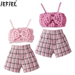 Clothing Sets Baby Toddler Girls Summer Outfits Bubble Bow Knot Camisole Tops Vest With Plaid Shorts Kids Beach Holiday Clothes Casual Wear
