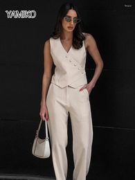Women's Two Piece Pants YAMIKO Beige Button Tops Suits 2024 Summer Sleeveless V Neck Shirt Pleated Long Sets Cotton Linen Women Outfits