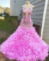 Sparkly Pink Mermaid Prom Dresses Sheer O Neck Beaded Crystal Ruffles Evening Formal Party Gowns Birthday Wear Robe De Soiree Custom Made