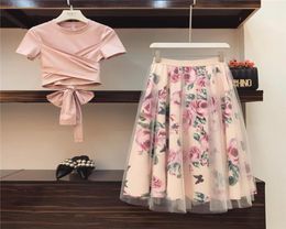 Sexy Women Irregular High Quality T ShirtMesh Skirts Suits Bowknot Solid Tops Vintage Floral Skirt Sets Elegant Woman Two Piece S8435091