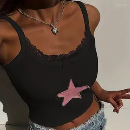 Women's Tanks Y2k Lace Trim Crop Top Black Bow Cute Mini Pink Star Print Backless Sleeveless Spaghetti Straps Sexy Tee Women Summer