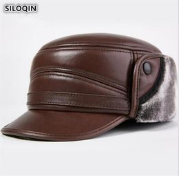 SILOQIN Winter Thick Warm Earmuffs Cap Genuine Leather Hat Men039s Sheepskin Leather Army Military Hat Flat Cap Velvet Dad0399212512