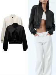 Women's Jackets ZBZA Autumn Silk Satin Texture Bomber Jacket Round Collar Long Sleeves Female Casual Outerwears
