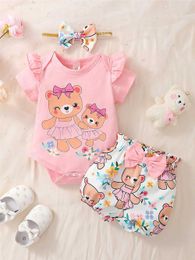 Clothing Sets 0-2Years Newborn Baby Girl Daily Clothes Set Cartoon Bear Short Sleeve Romper + Shorts with Headband Summer Lovely 3PCS Outfit Y240520W26R