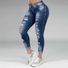 Women's Jeans Women Streetwear Solid Colour Hole Ripped Stretch Skinny Denim Pants Casual Fashion High Waist Pockets Zipper Trousers