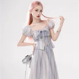 Work Dresses Stripe Print Set For Women'S Summer Oil Painting Halo Dye Hanging Neck Waist Tightening And Slimming Bubble Short Sleeved T