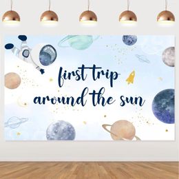 Party Decoration Space Theme First Trip Around The Sun Background With Starry Sky Alien Planet Pattern Boy Baby Shower Supplies