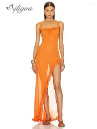 Casual Dresses Ailigou 2024 Summer Women's Sexy Sleeveless Tulle Pleated Strap Orange Irregular Maxi Dress Elegant Celebrity Party