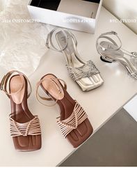 hot selling handmade woven sandals wedge heel brown stripe shoes summer 2024 sandal shoes