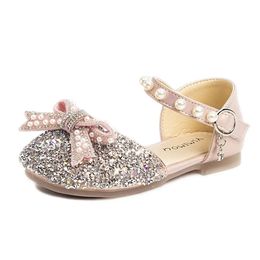 Girls' Princess Kids Shining Rhinestone Summer Sandals for Party Wedding Children Pearl Bow Dance Shoes with Metal Buckle