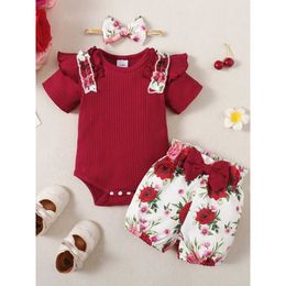 Clothing Sets Newborn Baby Girl Flutter Sleeve Short Sleeve Onesies+Shorts+Cutely Bow 3PCS Summer Clothing Set for Toddler Girl 1-18 Months Y240520AAM3