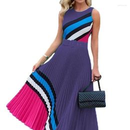 Casual Dresses Plus Size 5XL Temperament Round Neck Sleeveless Dress Geometric Print Pleated Women Elegant High Waist Vestidos
