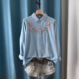 Women's Blouses Harajuku Y2k Denim Shirts Women Spring Tops Korean Fashion Long Sleeve Flowers Embroidery Designer Jean Shirt