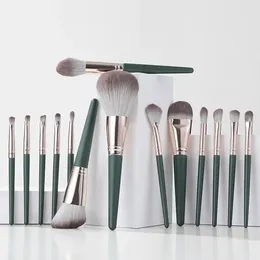 Makeup Brushes 14pcs Green Set Cosmetic Foundation Powder Blush Eye Shadow Blend Soft Wooden Beginner's Tool
