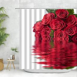 Shower Curtains Red Rose Curtain Hooks Romantic Flower Floral Blossom Reflection On Water Bath With White Bathroom