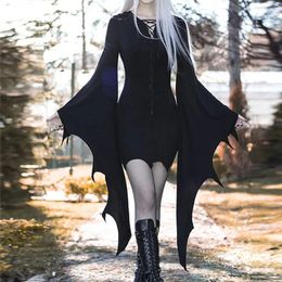 Casual Dresses Halloween Gothic Women Dress Flare Long Sleeve High Waist 2024 Goth Cosplay Costumes Sexy Slim Party Club Robe