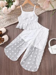 Clothing Sets Girls summer new chiffon jacquard bow suspender + wide-leg pants two-piece fashion set Y240520SRR6