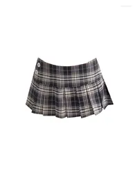 Skirts American Style Y2k Gyaru Sexy Low Waist Button Plaid Mini Skirt Summer 2024 Women Pleated Coquette Preppy Trend