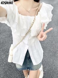 Women's Blouses Y2k Aesthetic Sweet Ruffled Women Shirt White Summer Kawaii Single Breasted Blouse Harajuku Fairy Casual Preppy Grunge