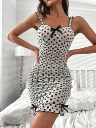 Women's Sleepwear Sexy Dot Print Ruffle Trim Slip Nightdress Bow Knot Decor V Neck Bodycon Sleep Mini Dress & Dresses