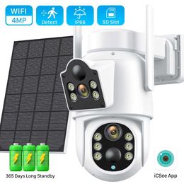 Wireless Camera Kits 4MP wireless solar camera dual lens WiFi PTZ camera outdoor built-in battery video surveillance camera long-term standby iCsee J240518