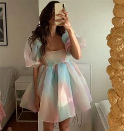 Tiedyed Rainbow Organza Dress Aline Puff Sleeve Cute Summer for Women Skater Short Party Holiday 2105147228943