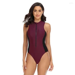 Women's Swimwear Black Sleeveless Fashion Round Neck One-piece Swimsuit Sport Zipper Front Sports Swimming Summer Trend