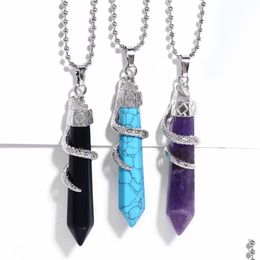 Pendant Necklaces Women Hexagon Necklace Fashion Natural Gem Stone Crystal Amethyst Blue Turquoise Malachite Green Aventurine Snake Wr Dhbq2