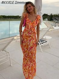 Sexy Backless Print Dress Women Butterfly Sleeve Hollow Out Bandage Long Dresses Summer Vacation Ruffles Lady Beach Robe 240520