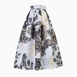 Skirts Vintage Style Elegant High Waist Long Pleated Midi Skirt For Women Aesthetic Golden Rose Floral Organza Tulle Summer