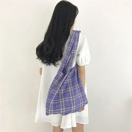 Shopping Bags Purple Plaid Canvas Bag Large Capacity Student Women's Grocery Hand Carry Casual Shoulder Eco Portable